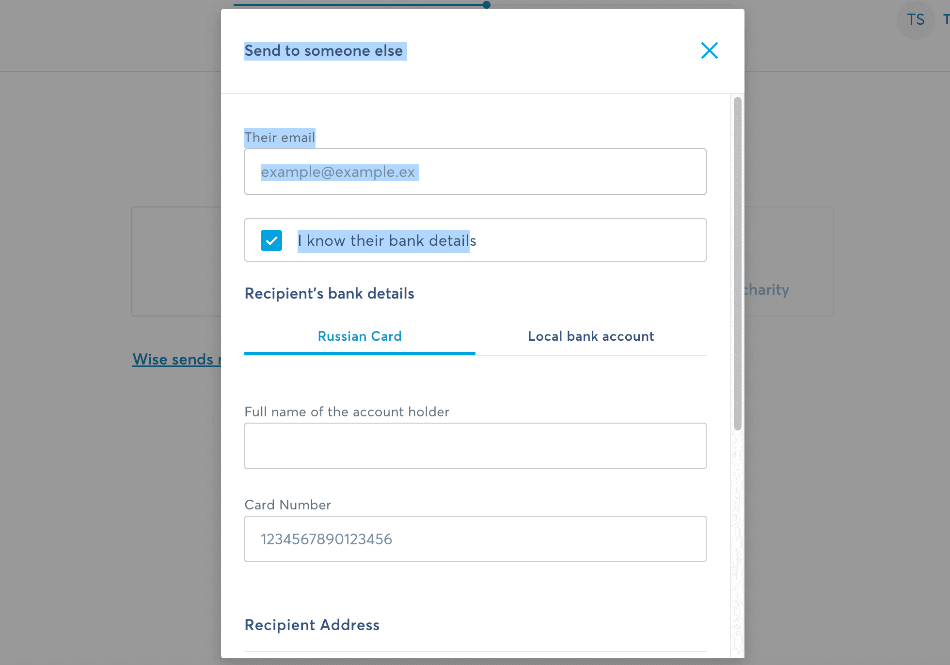 Fill-in the receiver's bank account details
